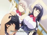 Horny anime students teasing a huge cock